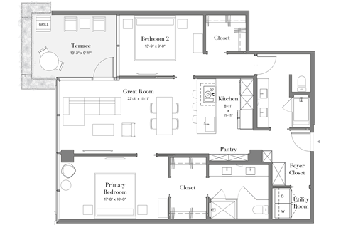 Floor plan for 2 beds, 2 baths, 1188 sqft